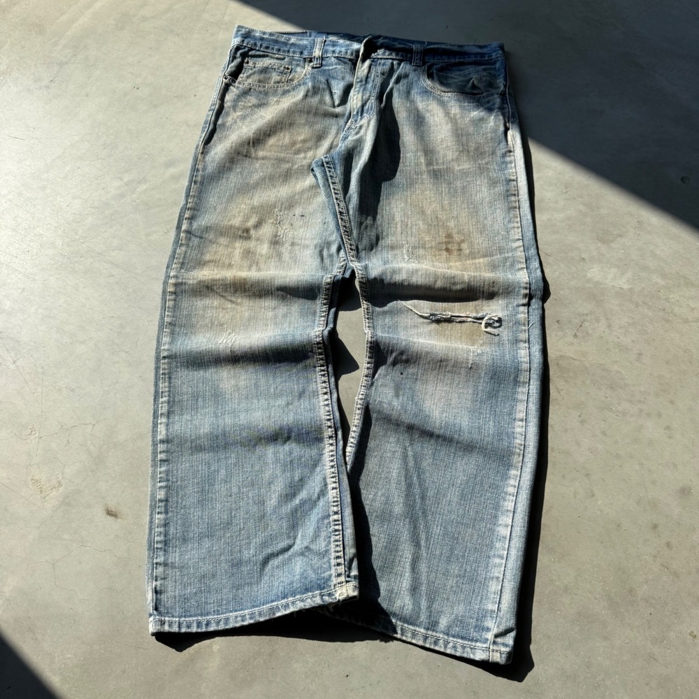 Safari Denim Mens W36 L30 Boot Cut Distressed Faded Blue Jeans Y2K Streetwear